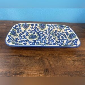 Unikat. Polish Pottery. Divided Blue Floral Serving Tray. NWOT. Numbered.